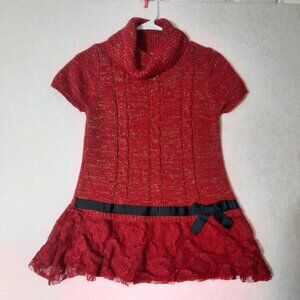 Girls SPARKLY CHRISTMAS SWEATER DRESS Red Gold Cable Knit Party Dress Short Slvs